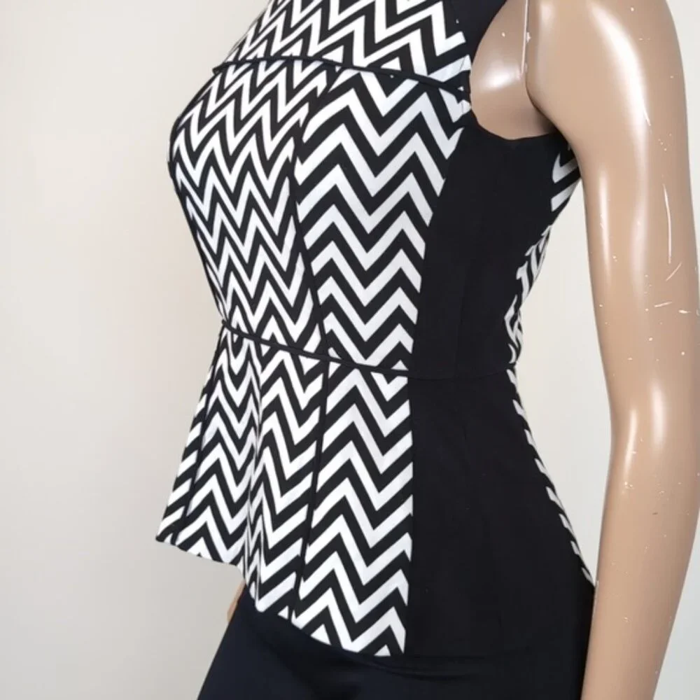 H&M Chevron Print Sleeveless Peplum Top Ponte Fitted Stretch Black White Party - Picture 5 of 11